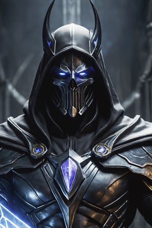 Cybersorcerer Overlord, a muscular and imposing figure, blends the dark sorcery of an overlord with cybernetic augmentation. Draped in an ominous, tech-infused cloak, Cybersorcerer Overlord wields a corrupted energy blade, ruling over a dystopian future with both magical and technological might.