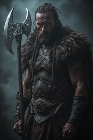 (slender), ((narrow waist)),"Photorealistic, dark image of a Viking warrior, muscular and battle-hardened, wearing fur and leather armor with intricate Norse engravings. His face is partially obscured by shadows, intense gaze, dark braids, and battle scars visible. Low lighting with deep, moody tones, mist rising in the background, an ominous aura surrounds him. Holding a heavy axe with runic engravings, reflective light glinting off the blade. Dramatic, cinematic atmosphere, high detail, realistic textures, rugged Norse aesthetic."
