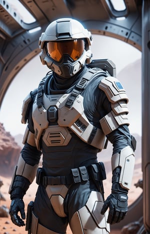 a soldier wearing a lightweight futuristic commando gear standing in a biodome on the planet Mars before a military invasion, hyperrealistic, photorealistic cinematic lighting,