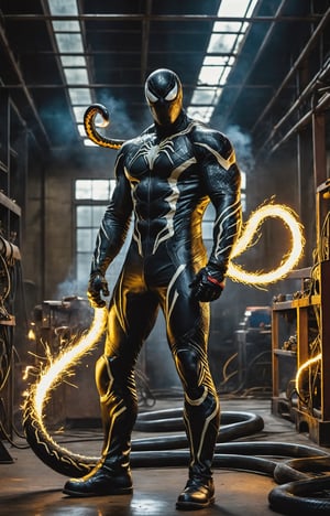 Within the fiery confines of an industrial welding workshop, the symbiotic transformation of Venom takes an unexpected and visually electrifying turn. The towering figure of Venom, clad in a molten, metallic symbiotic suit, welds with a methodical precision using the intense brilliance of the MIG welding technique. Sparks fly in chaotic patterns as the white-hot welder's arc illuminates the symbiote-infused creature's formidable silhouette. The symbiotic tendrils snake around the welding equipment, responding to the intense heat and energy with an otherworldly resilience. The ambient glow of the welding sparks plays upon the glossy black surface of Venom's symbiotic suit, creating a mesmerizing interplay of light and shadow. The fusion of the extraterrestrial symbiote and the industrial sparks captures the essence of a unique and powerful Venom, embracing both the menacing nature of the character and the intense craftsmanship of a skilled spawacz wielding the MIG method.