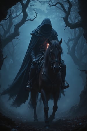 An epic portrayal of the "headless rider" on horseback, wearing a long, heavy coat and a hood concealing an empty neck. The rider holds a faintly glowing lantern, illuminating part of the horse’s face in the darkness. The background is a dark forest with mist rising from the ground and ancient twisted trees, with faint, eerie blue light filtering through the trees. High detail, moody cinematic lighting, haunting and mystical.

