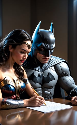 Create a 8k, photo realistic image of Batman trying to do math but math is hard and he is crying at the table over the pencil and paper. Have Wonder Woman behind him with her hand on his shoulder as she try's to comfort her friend.