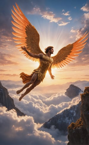 Against the backdrop of a vast, ethereal sky, the mythological figure of Icarus soars with breathtaking realism, his outstretched wings capturing the delicate hues of dawn. The meticulously detailed feathers of his wings create a mesmerizing pattern, glistening in the gentle sunlight as he ascends higher into the heavens. The warmth of the golden sun bathes his figure in a soft glow, casting a subtle shadow on the wisps of clouds below. Icarus, with determination etched on his face, propels himself towards the sun, his journey encapsulating both the yearning for freedom and the tragic inevitability of his mythical fate. The celestial canvas is painted with hues of orange and pink, adding a poetic touch to this poignant moment of flight and ambition, frozen in a photorealistic tableau of classical mythology.