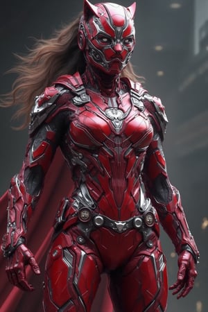 "Muscular, fierce female superhero combining elements of Captain America, Black Panther, and Iron Man, with a patriotic red and white color scheme inspired by Poland. Form-fitting, armored suit with red and white vibranium plating, Black Panther’s sleek claw details, and Iron Man’s arc reactor chest piece. Polish coat of arms, with white eagle emblem on chest, mixed with Captain America's star symbol. Helmet with feline ears and Iron Man's visor, powerful stance, photorealistic detail, epic lighting, Marvel-style Polish defender.",darklord armour