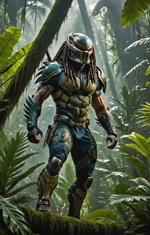 Amidst the dense, otherworldly foliage of a lush extraterrestrial jungle, the fearsome Yautja warrior, known as the Predator, emerges as the apex hunter in a riveting cinematic scene. Towering over the alien landscape, the Predator's hulking, heavily armored physique is cloaked in a mesh of advanced technology and natural camouflage. Its iconic mandibles extend menacingly from its reptilian-like face, revealing the creature's predatory intent. The creature's skin, adorned with tribal scars and hints of shimmering luminescence, adds an air of mystique to its formidable presence. In one hand, the Predator firmly grips a sleek, otherworldly plasma caster, ready to unleash devastating energy at its prey. The jungle canopy above is disturbed by the displacement of air caused by the Predator's cloaked form, creating an eerie distortion of light and shadows. The extraterrestrial atmosphere is palpable as the hunter becomes one with the environment, embodying the perfect blend of stealth, advanced weaponry, and primal instinct that defines this iconic cinematic character.,LegendDarkFantasy