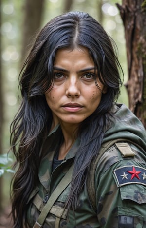 vintage closeup portrait photograph of a supernaturally beautiful Roma woman guerrilla fighter commando with long thick straight glossy black hair, she is wearing tattered camouflage commando gear in an old-growth forest setting, superb bokeh 
