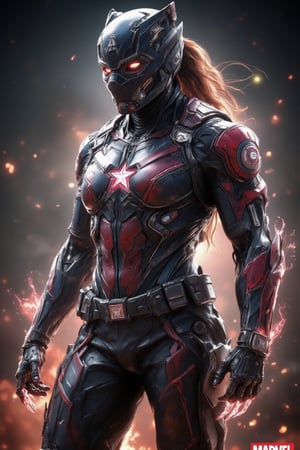 "Powerful, muscular female superhero combining elements of Captain America, Black Panther, and Iron Man. Futuristic armor blending Captain America's red, white, and blue with Black Panther’s sleek black vibranium details and Iron Man’s tech enhancements. Suit features a vibranium core, energy-charged claws, and a shield emblem on the chest. Helmet fuses Iron Man’s faceplate with Black Panther’s ear accents, while chest armor has Captain America's star motif. Dynamic pose, photorealistic, vibrant lighting, strong Marvel hero design."








