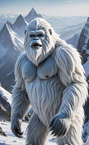 Amidst the towering peaks of a majestic mountain range, a photorealistic depiction of the mythical creature known as the Yeti comes to life. Against a backdrop of pristine snow-covered slopes and craggy cliffs, the enigmatic beast stands upright, covered in a thick, frosty fur that perfectly camouflages it in its wintry habitat. The creature's powerful frame is defined by sinewy muscles beneath its fur, and its large, clawed feet leave deep imprints in the snow as it navigates the rugged terrain. The Yeti's face is characterized by piercing eyes that peer out from beneath a fur-covered brow, emanating an air of mystery and ancient wisdom. Wisps of icy breath escape its formidable jaws, creating a tangible sense of the frigid mountain air. This photorealistic portrayal captures the mythical Yeti in its natural alpine environment, a silent and elusive guardian of the snow-capped peaks, shrouded in the aura of legend and the quiet majesty of the mountains.