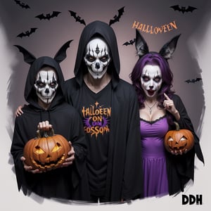 Halloween design with a grim reaper, clown, and wolf on bats around designs that say "HALLOWEEN CON DJKACHU" in purple lettering, vibrant colors, high resolution, and hyper-realistic style