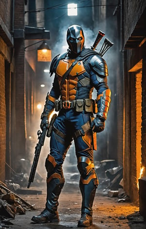 In a dimly lit alley, a portrait of legendary DC anti-hero Deathstroke comes to life with grim intensity. The mercenary stands stoically, bathed in the harsh glow of a lone lantern, casting sharp shadows across the jagged contours of his battle-worn armor. His helmet exudes a menacing aura, revealing only a piercing, cold gaze that speaks volumes about a lifetime of war. The metallic sheen of his orange and blue armor reflects ambient light, telling stories of countless battles and close encounters. Strands of white hair protrude from the edges of the mask, adding an aura of mature wisdom to the formidable face. The faint glow of a cigar between clenched teeth releases thin wisps of smoke, adding an element of gruff determination to this portrait of a complex and enigmatic DC character. 8K, Full body