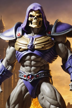 Skeletor's muscular physique is encased in ironclad armor, reflecting his tyrannical nature. His skeletal face peers out from the helmet, and his piercing eyes glow with an unholy light. Armed with a Havoc Staff and surrounded by an army of robotic minions, Skeletor stands as the unrelenting warlord determined to conquer Castle Grayskull.