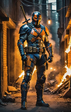 In a dimly lit alley, a portrait of legendary DC anti-hero Deathstroke comes to life with grim intensity. The mercenary stands stoically, bathed in the harsh glow of a lone lantern, casting sharp shadows across the jagged contours of his battle-worn armor. His helmet exudes a menacing aura, revealing only a piercing, cold gaze that speaks volumes about a lifetime of war. The metallic sheen of his orange and blue armor reflects ambient light, telling stories of countless battles and close encounters. Strands of white hair protrude from the edges of the mask, adding an aura of mature wisdom to the formidable face. The faint glow of a cigar between clenched teeth releases thin wisps of smoke, adding an element of gruff determination to this portrait of a complex and enigmatic DC character. 8K, Full body