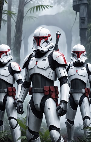 Star Wars: The Clone Wars, a squad of magus commando troopers standing together, all in black and grey armor with red accents, cinematic, foggy jungle background, in the style of Orlando