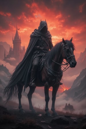 The legendary "headless rider" on a powerful, muscular horse, dressed in a long, tattered coat with a hood that hides the absence of a head. The horse stands tall, with its mane blowing in the wind against a vast, fog-filled valley with distant castle ruins. The sky is a dramatic sunset, casting a fiery red-orange glow, contrasting with the shadowy rider. Hyper-realistic, epic atmosphere, dramatic contrast.
