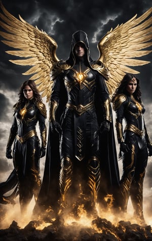 Imagine a powerful team of superheroes striking a dynamic group pose. Four of them radiate a sense of celestial grace, adorned in regal white and gold colors, each donning angelic wings that symbolize their ethereal nature. Their faces are adorned with warm smiles, reflecting a sense of hope and goodness.In stark contrast, a lone superhero stands in all black, emanating an aura of brooding intensity. The darkness surrounding this character is accentuated by ominous skulls and serpents, which intertwine with their ominous presence. The superhero in black wears an expression of anger and determination, setting them apart from the luminous optimism of their counterparts.This powerful group photo captures the dichotomy between light and darkness, good and evil, within the superhero team. The visual narrative unfolds with each character embodying a distinct persona, collectively creating a captivating tableau of contrasting forces within the realm of superheroes.,LegendDarkFantasy,photo r3al,Red mecha