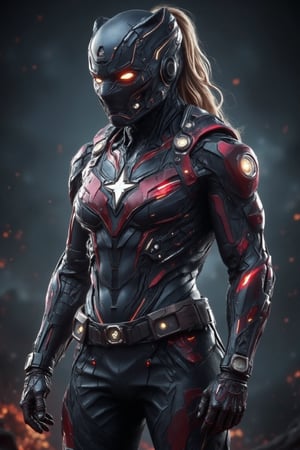 "Muscular female superhero combining Captain America, Black Panther, and Iron Man, wearing high-tech armor with Captain America’s star emblem, Black Panther’s sleek claw design, and Iron Man’s arc reactor. Suit in black, red, and blue, incorporating metallic vibranium elements and advanced tech. Helmet with Black Panther’s ear silhouette and Iron Man’s glowing eyes. Heroic pose, photorealistic, Marvel-inspired, detailed textures."




