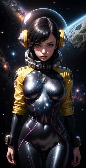 a girl, thunder yellow jacket, tight suit,Space helm of the 1960s,and the anime series G Force of the 1980s,Darf Punk wlop glossy skin, ultrarealistic sweet girl, space helm 60s, holographic, holographic texture, the style of wlop, space, black hair,