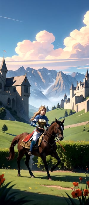 Capture the essence of epic clashes and scenic beauty with this battle wallpaper, (((Picture a beautiful young female warrior riding a horse through a medieval battleground))). In the background, a majestic stone castle overlooks a tranquil lake, while sheep graze peacefully in a lush garden. Towering mountains frame the horizon under a picturesque sky. This scene, inspired by Age of Empires, combines the thrill of speed with the grandeur of medieval times, creating a truly captivating wallpaper
 