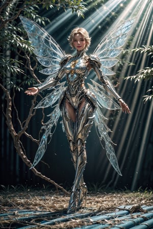 Masterpiece, top quality, high resolution, A beautiful Fairy cyborg, female, crystal clear wings, nice perfect face, she is dancing with one hand raised on the lake, full body, wearing blue satin short length one-piece suit, nice perfect face, smile face, blond hair, blue eyes, metallic luster body, robotic parts, robotic hands, hyper realistic concept, 8k resolution, photography quality, beautiful forest background, the forest is bathed in rays of unshine,fr4ctal4rmor,wings