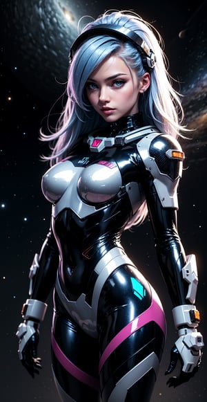 a girl, thunder yellow jacket, tight skimpy suit, Space helm of the 1960s, and the anime series G Force of the 1980s,Darf Punk wlop glossy skin, ultrarealistic sweet girl, space helm 60s, holographic, holographic texture, the style of wlop, space, blue hair, mecha musume,*see the examples*,perfecteyes