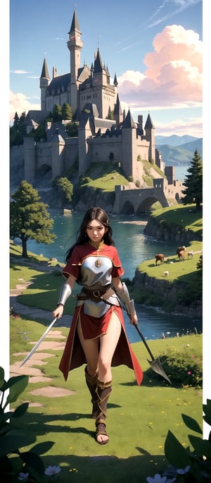 Capture the essence of epic clashes and scenic beauty with this battle wallpaper, (((Picture a beautiful young female warrior walking through a medieval battleground))). In the background, a majestic stone castle overlooks a tranquil lake, while sheep graze peacefully in a lush garden. Towering mountains frame the horizon under a picturesque sky. This scene, inspired by Age of Empires, combines the thrill of speed with the grandeur of medieval times, creating a truly captivating wallpaper
 