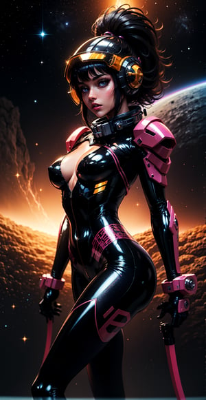 a girl, thunder yellow jacket, tight revealing skimpy satin suit,Space helm of the 1960s,and the anime series G Force of the 1980s,Darf Punk wlop glossy skin, ultrarealistic sweet girl, space helm 60s, holographic, holographic texture, the style of wlop, space, black hair,mecha musume,*see the examples*,perfecteyes