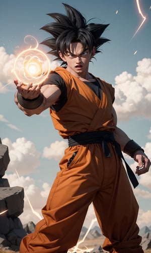 "Generate an realistic image of Super Saiyan Son Goku from the popular anime series 'Dragon Ball Z' using his signature Kame_Hame_Ha, the 'Rasengan.' Goku stands with determination, his blond hair flowing, and his bright blue eyes focused. He holds his palm out, surrounded by swirling chakra that forms the Rasengan, a spiraling sphere of energy. The scene is set against a backdrop of a lush sky, with leaves rustling in the wind as Goku's power radiates through the air. Capture the essence of Goku's spirit and determination as he unleashes his formidable ninja abilities.",son goku