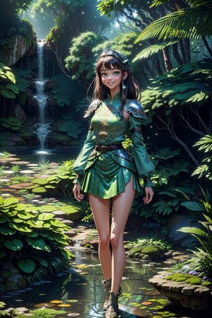 N64 illustration,1 (((skinny))) ((young)) ((Meika woollard)) teen girl knight, ((caucasian high detaild skin)), (beautiful cute detailed face), (beautiful detailed green eyes), ((tiny breast)), (((slim hips))), (((slim legs))), slender body, ((posing)), solo, ((detailed scaly steel plate armor, belt, buckle, ((in beautiful stunning bizarre rocky waterfall paradise garden)), ((misty air particles)), ((smiling)), (intricately detailed diverse jungle vegetation)), ((intricately detailed background)), (intricate details cumulus cloud sky) 8k uhd, cinematic soft lighting, god rays
