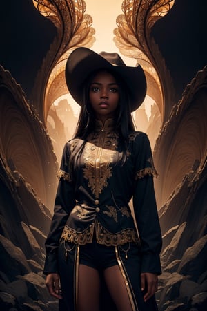 masterpiece, best quality, ultra high res, 1 dark skinned African girl, (fractal art:1.3), deep shadow, dark theme, fully clothed,cowboy hat, forlorn, cowboy shot,long black hair