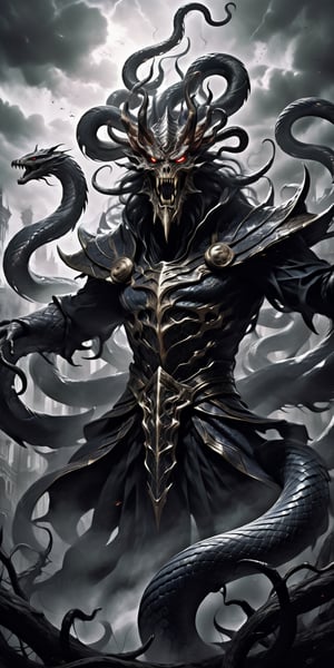 "Visualize a nightmarish, otherworldly realm cloaked in perpetual twilight. In this eerie domain, the Archfiend of Spite emerges as a malevolent force, a creature of darkness and vengeance. Towering and grotesque, its form is a grotesque fusion of demonic and eldritch elements.

The Archfiend's body is wreathed in shadowy, coiling tendrils that writhe like sentient snakes. Its eyes, deep voids of malice, glare with an insatiable thirst for revenge. In its outstretched, clawed hand, it holds a sinister relic, an artifact of despair that drips with malevolent energy.

The background should reflect the abyssal nature of this Archfiend's realm, with swirling shadows, sinister sigils, and eerie, smoky atmospheres. The image should evoke a sense of impending doom and an embodiment of relentless spite and darkness. Capture the essence of this malevolent entity as it looms menacingly, ready to unleash its wrath upon the unfortunate souls who dare to cross its path."
