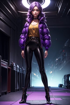 vibrant colors, female, masterpiece, sharp focus, best quality, depth of field, cinematic lighting, ((solo, one woman )), (illustration, 8k CG, extremely detailed), masterpiece, ultra-detailed, Hair length: Short and unkempt
Hair color: blond
Eye color: green
Clothes: Black transparent topt, purple puffer jacket, black pants, studded ankle boots.

This figure stood in an underground concert hall, with short, unkempt deep purple hair that lent an air of rebellion to her appearance. Her smoky gray eyes shone with determination. she wore black transparent top, a purple puffer jacket, black trousers and studded ankle boots, camel toe, leather belt, demonstrating an alternative and bold style in the context of the underground porn scene.