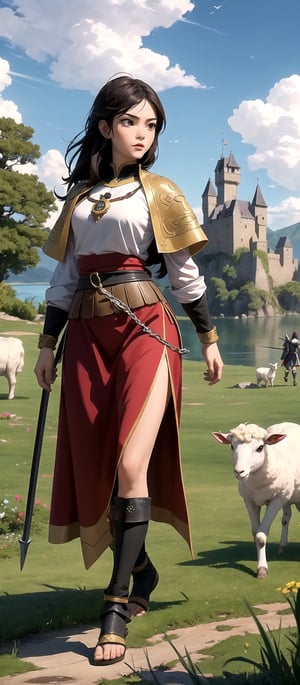 Capture the essence of epic clashes and scenic beauty with this battle wallpaper, (((Picture a beautiful young female warrior walking through a medieval battleground))). In the background, a majestic stone castle overlooks a tranquil lake, while sheep graze peacefully in a lush garden. Towering mountains frame the horizon under a picturesque sky. This scene, inspired by Age of Empires, combines the thrill of speed with the grandeur of medieval times, creating a truly captivating wallpaper
 