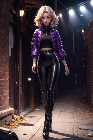 vibrant colors, female, masterpiece, sharp focus, best quality, depth of field, cinematic lighting, ((solo, one woman )), (illustration, 8k CG, extremely detailed), masterpiece, ultra-detailed, Hair length: Short and unkempt
Hair color: blond
Eye color: green
Clothes: Black transparent topt, purple puffer jacket, black pants, studded ankle boots.

This figure stood in an underground concert hall, with short, unkempt deep purple hair that lent an air of rebellion to her appearance. Her smoky gray eyes shone with determination. she wore black transparent top, a purple puffer jacket, black trousers and studded ankle boots, camel toe, leather belt, demonstrating an alternative and bold style in the context of the underground porn scene.
