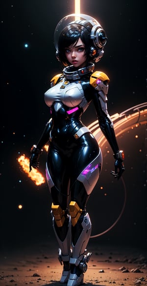 a girl, thunder yellow jacket, tight revealing suit,Space helm of the 1960s,and the anime series G Force of the 1980s,Darf Punk wlop glossy skin, ultrarealistic sweet girl, space helm 60s, holographic, holographic texture, the style of wlop, space, black hair,mecha musume,*see the examples*,perfecteyes