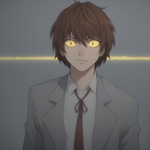 masterpiece,cartoon,possessed,yellow sclera,slit pupils,glowing eyes,Light Yagami,brown hair,hair between eyes,school uniform,white shirt,jacket,red necktie