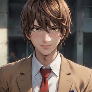 1boy,Light Yagami,brown hair,hair between eyes,chool uniform, jacket, white shirt, upper body, male focus, necktie, red necktie, ,school uniform, sole male, bust shot, charming, smirk, brown jacket