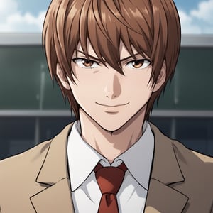 1boy,Light Yagami,brown hair,hair between eyes,chool uniform, jacket, white shirt, upper body, male focus, necktie, red necktie, ,school uniform, sole male, bust shot, charming, smirk