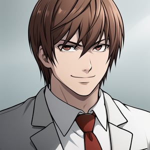 1boy,Light Yagami,brown hair,hair between eyes,chool uniform, jacket, white shirt, upper body, male focus, necktie, red necktie, ,school uniform, sole male, bust shot, charming, smirk, pose, menacing, creepy, dramatic