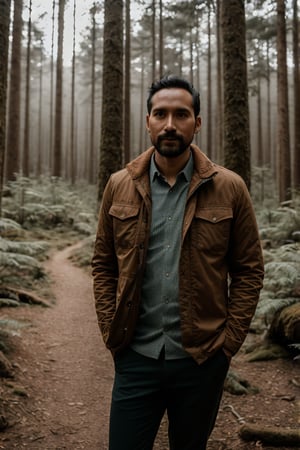 RAW photo, a portrait photo of 30 years old man, traveler clothes, standing in the forest, natural skin, 8k uhd, high quality, film grain, Fujifilm XT3, background in fire, desaster