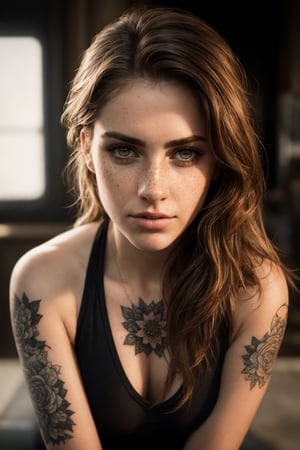 photo, rule of thirds, dramatic lighting, medium hair, detailed face, detailed nose, woman wearing tank top, freckles, tattoo, intricate background
,realism,realistic,raw,analog,woman,portrait,photorealistic,analog,realism,risadoll