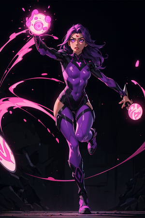 ((masterpiece, best quality, highres:1.2)) This is a high-resolution of a lady with purple-dyed edges on her long hair. Her purple eyes are sharp and give off a menacing vibe, almost like that of a beast. She wears a skin-tight purple suit that exposes most of her body, with only one arm covered while the other is exposed. Her exposed arm flaunts unique tattoos that glow when she activates her radiant powers. Additionally, she sports a pair of purple boots with plating covering her legs, except her right thigh, which is left uncovered.