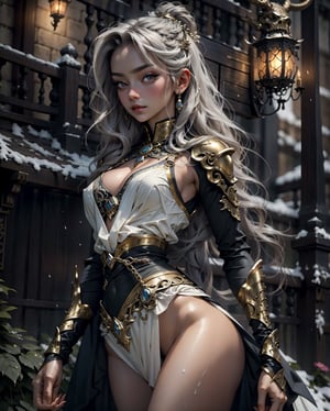 High resolution, A woman dressed in an Assassin Viking garment is stunning. With natural indescribable grace and elegance, when she dances with a katana blade in the misty night with wetness on her open bust c-cup skin and the gentle breeze moving her white golish hair. The sheer beauty of a woman draped in Nordic golden jewelry set around her thigh and torso is breathtaking. The way she moves with such effortless poise and sophistication is mesmerizing. Watching her dance with a mysterious sadness in her eyes