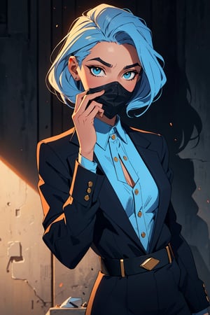 ((masterpiece, best quality, highres:1.2)) This is a high-resolution of a woman with a slender frame and a lighter complexion. She has a unique fashion sense, accentuated by her bold blue rectangular eyeshadow with golden jewelry, black lipstick, and dark oval markings on her face and neck. Her hair is dyed in a gradient from light blue to blue, and she wears a sleek black suit with exposed bust. She appears to be trying to conceal her face in the shadows.