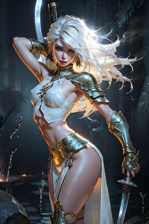 High resolution,  in the misty night, A woman dressed in an Assassin Viking light armor with a mysterious sadness in her eyes. With natural indescribable grace and elegance, when she dances and holds a long katana blade in her hand, wetness on her open bust C-cup, and the gentle breeze moving her white-golish hair. The magnificent Nordic golden jewelry set around her thigh and torso is breathtaking. The way she moves with such effortless poise and sophistication is mesmerizing. 