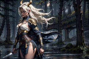 High resolution,  in the misty night, A woman dressed in an Assassin Viking garment with a mysterious sadness in her eyes is stunning. With natural indescribable grace and elegance, when she dances with a katana blade, her hand, wetness on her open bust cup, and the gentle breeze moving her white-golish hair. The magnificent Nordic golden jewelry set around her thigh and torso is breathtaking. The way she moves with such effortless poise and sophistication is mesmerizing. 