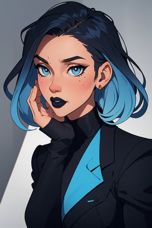 ((masterpiece, best quality, highres:1.2)) This is a high-resolution of a woman with a slender frame and a lighter complexion. She has a unique fashion sense, accentuated by her bold blue rectangular eyeshadow with golden jewelry, black lipstick, and dark oval markings on her face and neck. Her hair is dyed in a gradient from light blue to blue, and she wears a sleek black suit with exposed bust. She appears to be trying to conceal her face in the shadows.