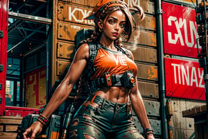 A woman with beautiful brown skin. She always wears her orange cap backward and has her headphones on. Her hair is styled in multiple braids. Raze dons a sleeveless orange top which exposes her midriff. She also wears a chest plate with the word 'BOOM' spray-painted on the front. Her dark-colored pants have a paint splatter on the left thigh and are held up by a strap with paint shell grenades attached.
