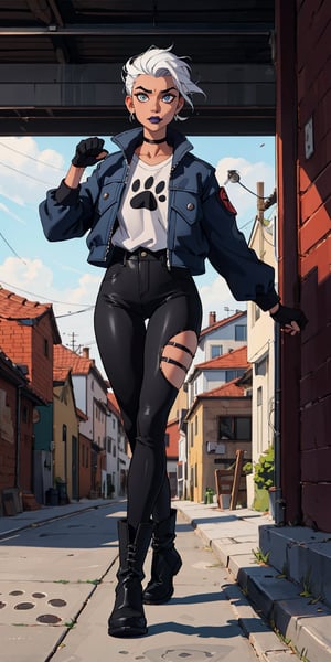 ((masterpiece, best quality, highres:1.2)) This is a high-resolution of a lighter-skinned slim woman with a highly grungy aesthetic. She wears dramatic black rectangular eyeshadow, black lipstick, dark oval markings on her face and neck, and black-white hair that transitions from black to white. The paw print-like marking on her neck and the paw prints on the soles of her shoes.  She wears an outfit composed of dark blue and black accents, such as her shirt and sleeves - which are ripped, matching the gloves she wears, which expose hands adorned with henna. Her blue jacket sports a Nazar, or 'Evil Eye,' a symbol of protection from misfortune in Türkiye and nearby countries. With a spiky purple collar and silver lining, her jacket is also marked with shapes in this same color. Her black and dark blue pants, with stitched detailing on her left thigh. On her waist is a second Nazar, where her two bags are: a black one on her right thigh and a purple one on her left hip. She has steel-capped black leather-look boots with paw prints on the sole. 