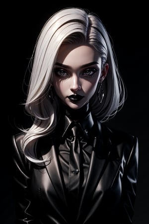 There is a woman with a slender frame and a lighter complexion. She has a distinctive fashion sense, highlighted by her bold black rectangular eyeshadow, black lipstick, and dark oval markings on her face and neck. Her hair is dyed in a gradient from black to white, and she is dressed in a sleek black suit.,DonMn1ghtm4re