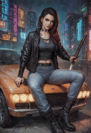  (score_9, score_8_up:1.1), score_7_up, 
1girl, solo, long hair, looking at viewer, blue eyes, holding, jewelry, sitting, jacket, weapon, earrings, boots, belt, pants, sword, black footwear, holding weapon, black jacket, tattoo, night, glowing, holding sword, katana, ground vehicle, sheath, motor vehicle, car, over shoulder, cyberpunk, neon lights
,gothic art
